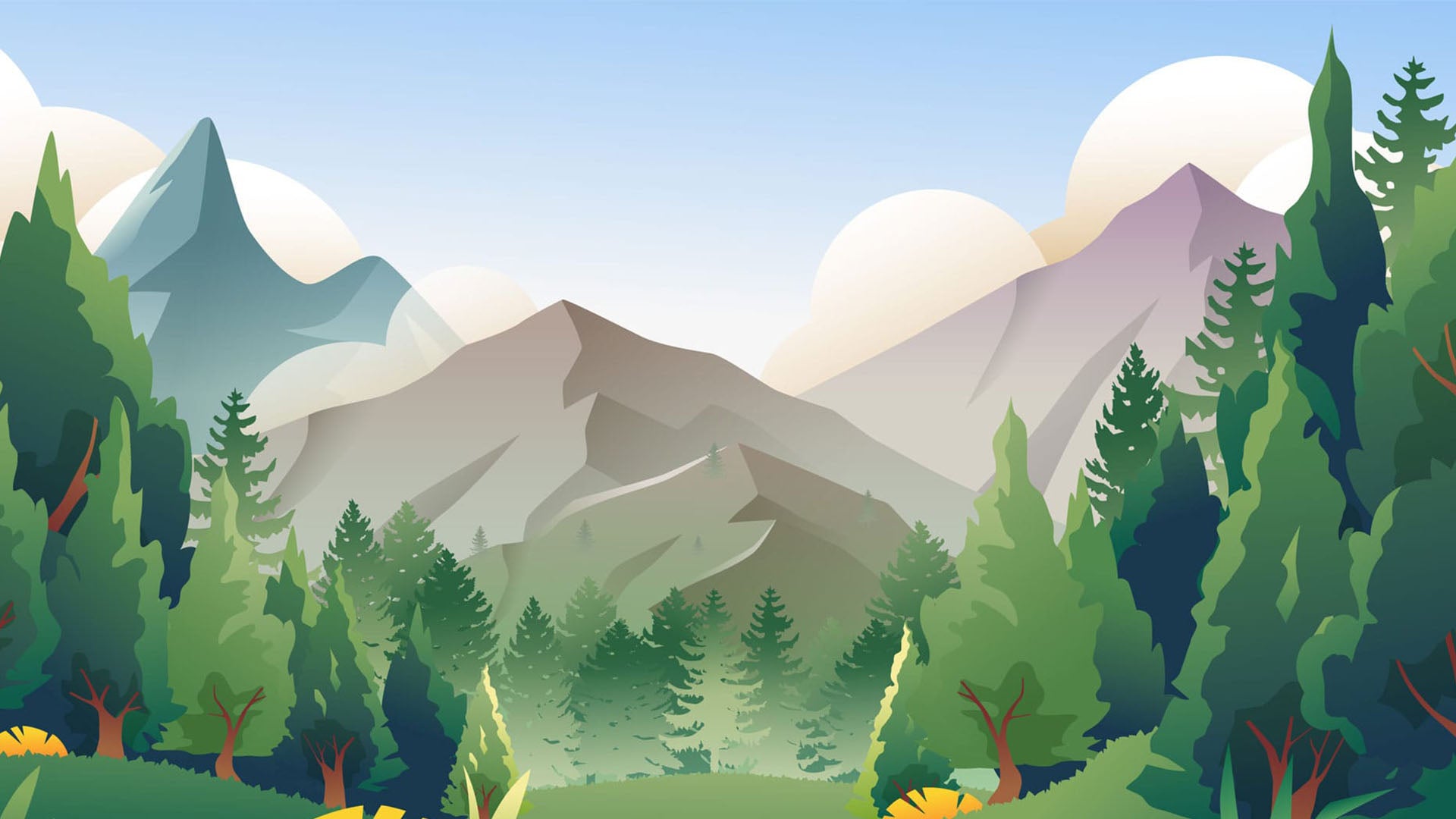 Illustration d'un paysage naturel avec une forêt verdoyante, des montagnes et un ciel clair, utilisée en fond de bannière du site.