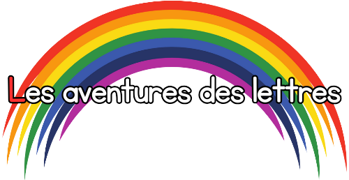 Logo du livre 'Les aventures des lettres' avec un arc-en-ciel coloré et un texte en écriture ludique.